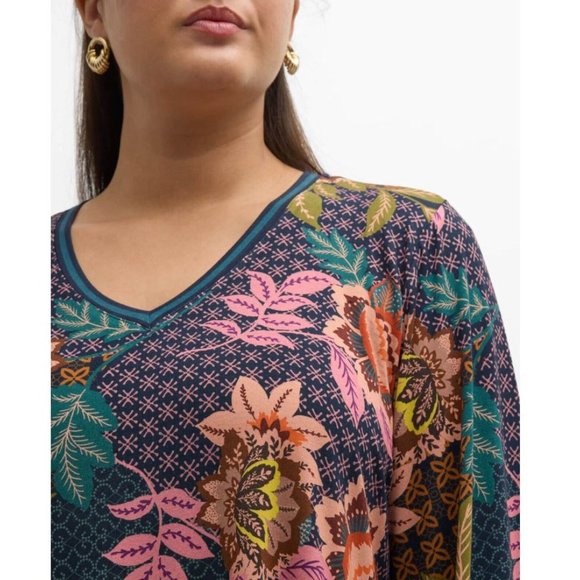 Johnny Was Plus Delfino V Neck Kimono Sleeve Tee Floral Blue Top Shirt Flower NW - Picture 5 of 8